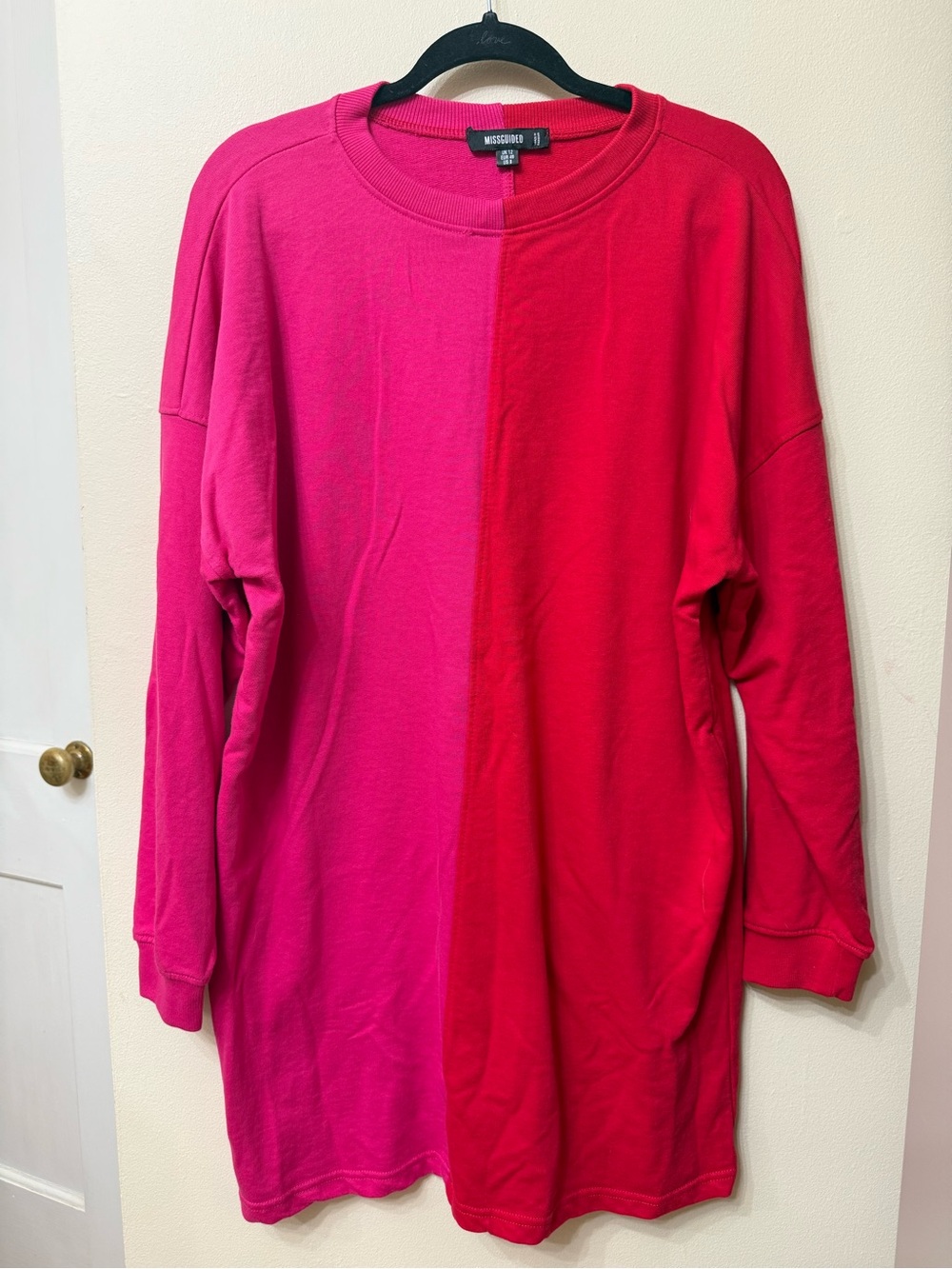Size Medium Colorblock Long Sleeve Sweatshirt Dress Pink Red Relaxed Casual